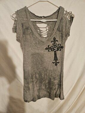 Distressed Gray Top with Beaded Cross Design